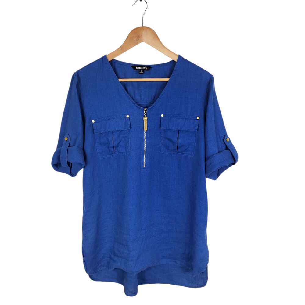 Ellen Tracy Women's 100% Linen Royal Blue Tunic Blouse Size Medium